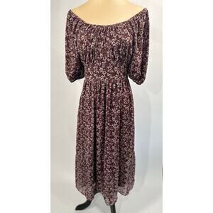 Mikarose Size Small Peasant Midi Dress Burgandy Floral Puff Sleeves Cottagecore